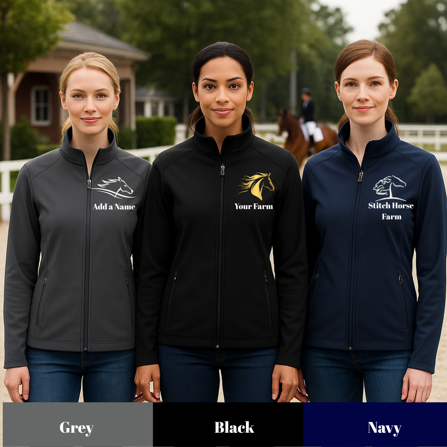 Three women wearing equestrian-themed jackets with customizable text options in a stable setting.