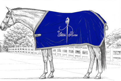 Horse wearing a royal blue blanket with grey trim, white piping, and The Stitch Horse logo, shown as an example of available customization.