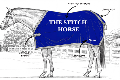 Horse wearing a royal blue blanket with grey trim, white piping, and The Stitch Horse lettering, shown as an example of available customization. The image also shows customization placement and options.