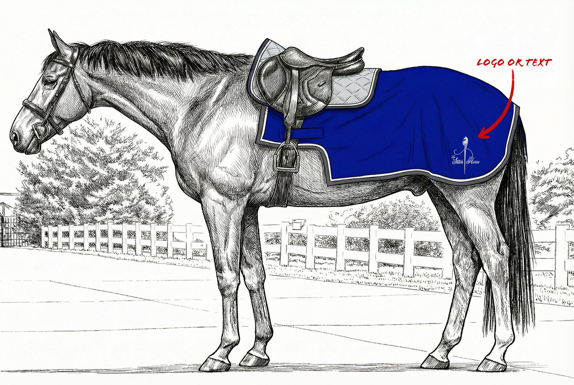 Horse wearing a black quarter sheet with blue trim, white piping, and MBS logo, shown as an example of available customization. Picture Also shows customization placement and options.