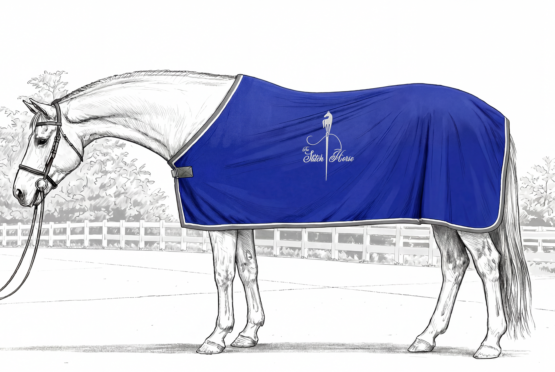 Horse wearing a royal blue scrim sheet with grey trim, white piping, and The Stitch Horse logo, shown as an example of available customization.