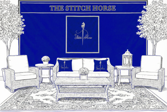 Three-piece stall drape set for end of barn aisles. Stall drape set is shown in an outdoor show furniture setting.