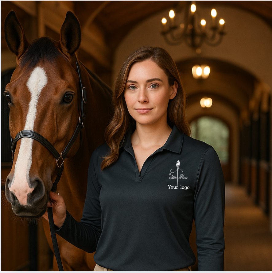 Woman in a dark polo shirt with a logo standing next to a horse in an elegant indoor setting.