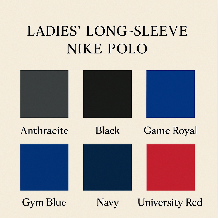 Color swatches for a ladies' long-sleeve Nike polo shirt with color names below each swatch.